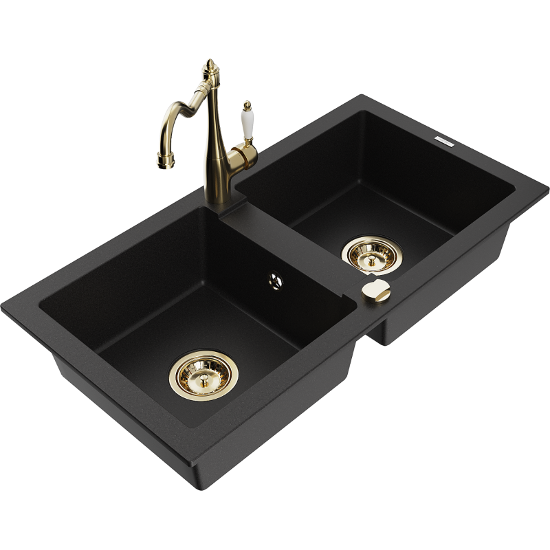 Mexen Mario fregadero de granito de 2 compartimentos con grifo de cocina Carla, negro - 6504-77-670700-50