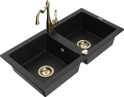 Mexen Mario granite sink 2-chamber with Carla kitchen tap, black - 6504-77-670700-50