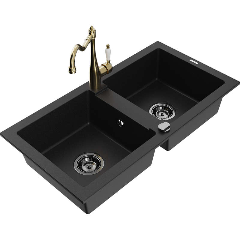 Mexen Mario fregadero de granito de 2 compartimentos con grifo de cocina Carla, negro - 6504-77-670700-50-B