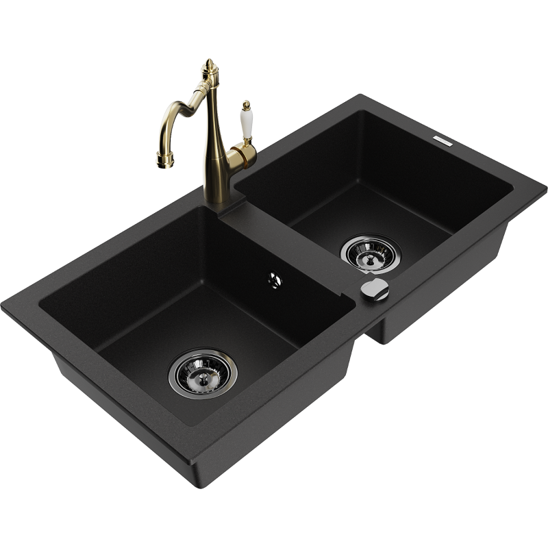 Mexen Mario granite sink 2-chamber with Carla kitchen tap, black - 6504-77-670700-50-B