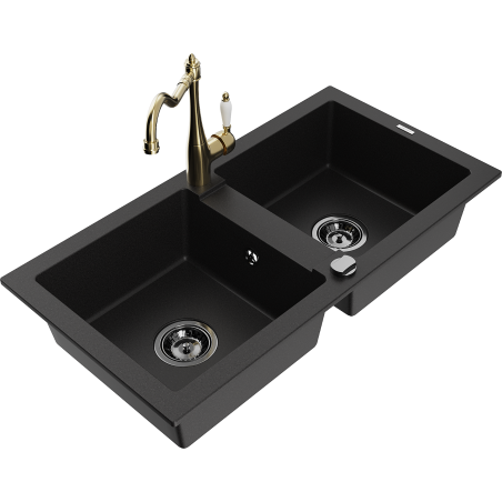 Mexen Mario fregadero de granito de 2 cubetas con grifo de cocina Carla, negro - 6504-77-670700-50-B