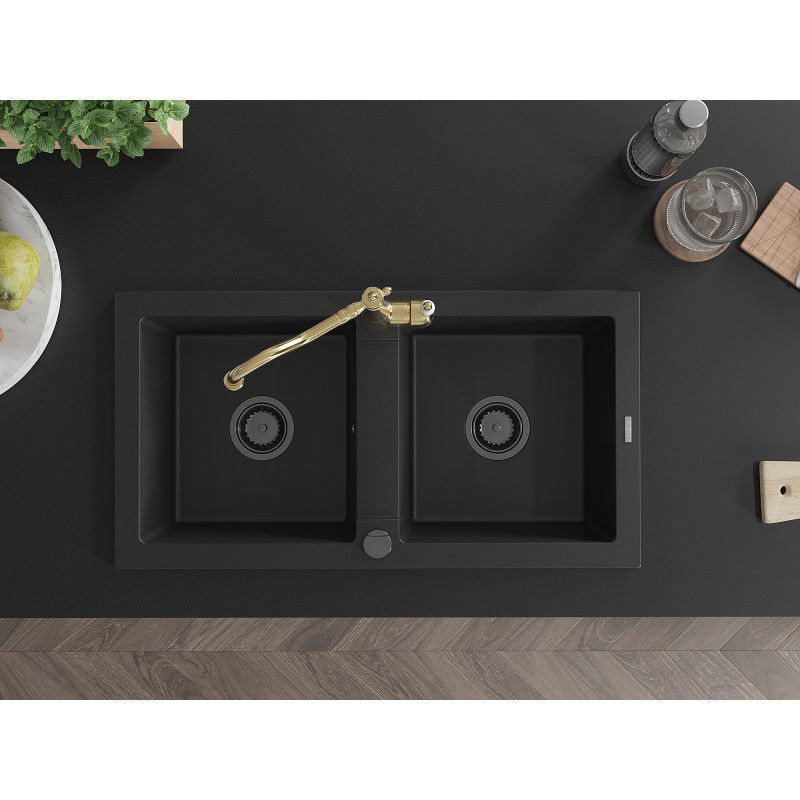 Mexen Mario granite sink 2-chamber with Carla kitchen tap, black - 6504-77-670700-50-B