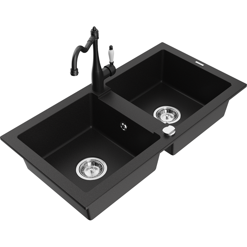 Mexen Mario Granite Kitchen Sink 2-Bowl with Carla Kitchen Tap, Black - 6504-77-670700-70
