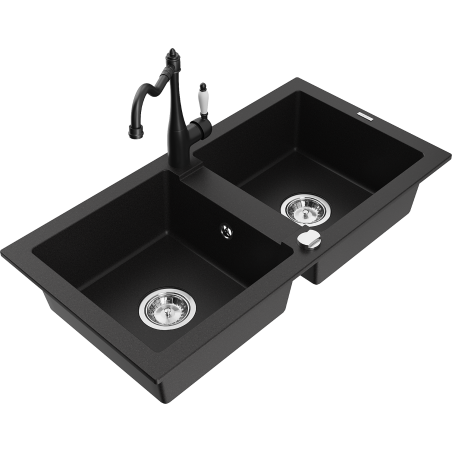 Mexen Mario Granite Kitchen Sink 2-Bowl with Carla Kitchen Tap, Black - 6504-77-670700-70