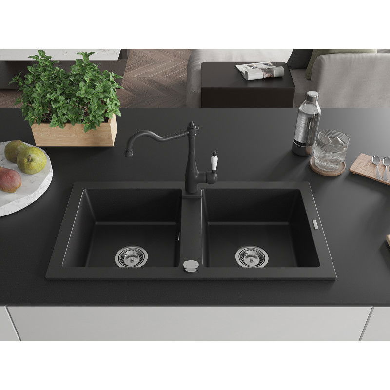 Mexen Mario Granite Kitchen Sink 2-Bowl with Carla Kitchen Tap, Black - 6504-77-670700-70