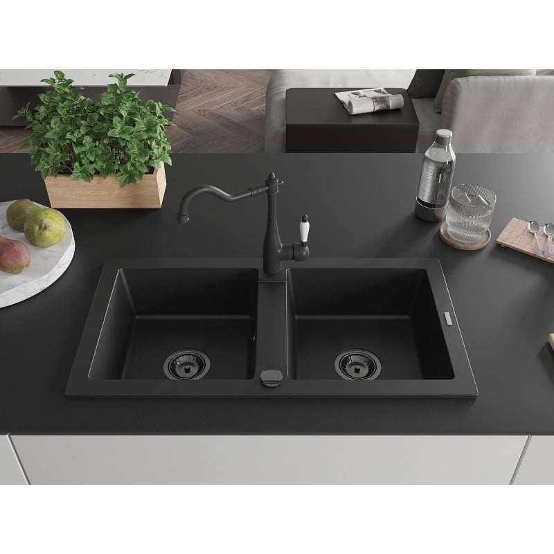 Mexen Mario 2-bowl granite kitchen sink with Carla kitchen tap, black - 6504-77-670700-70-B