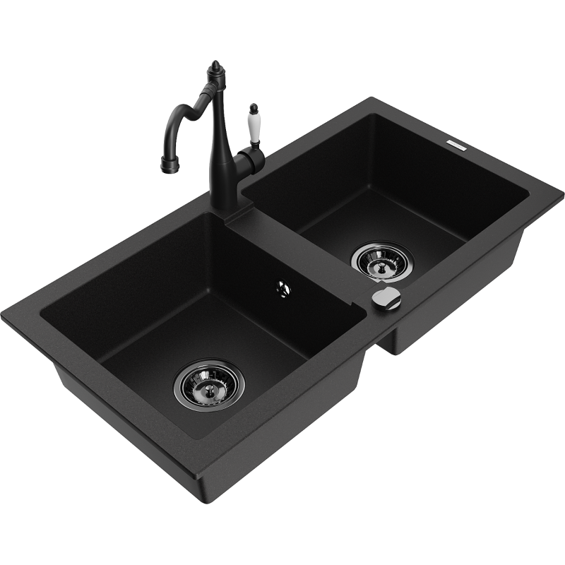 Mexen Mario 2-bowl granite kitchen sink with Carla kitchen tap, black - 6504-77-670700-70-B