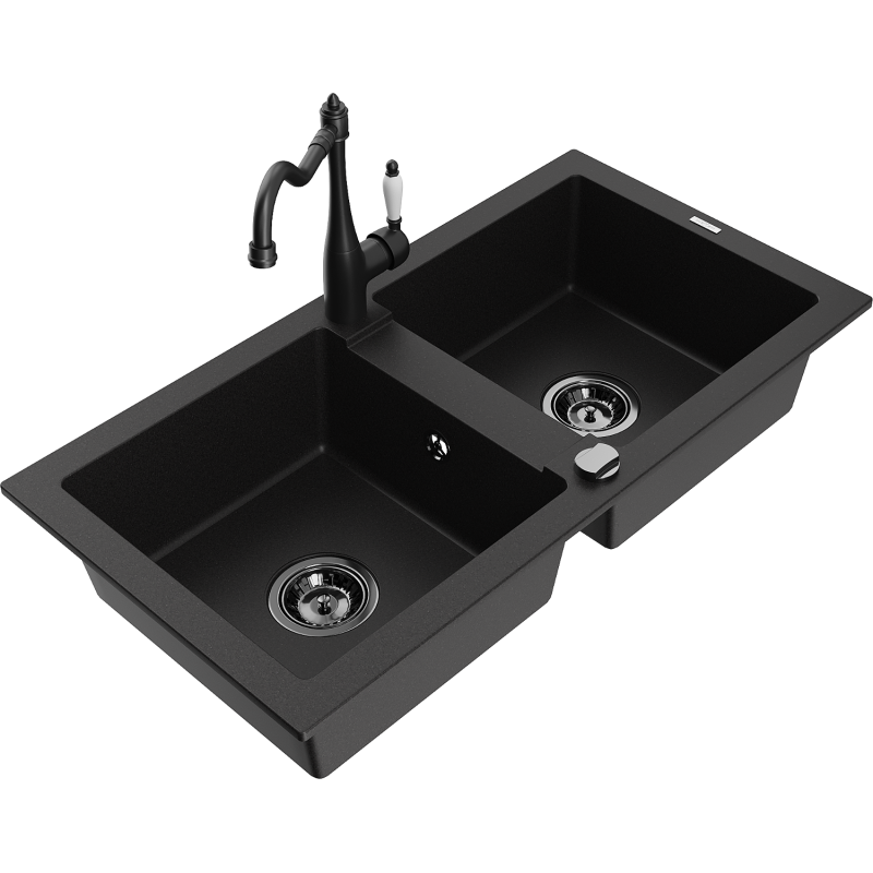 Mexen Mario fregadero de granito de 2 compartimentos con grifo de cocina Carla, negro - 6504-77-670700-70-B