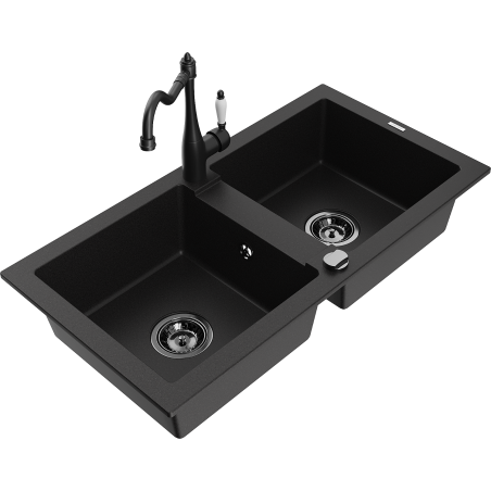 Mexen Mario 2-bowl granite kitchen sink with Carla kitchen tap, black - 6504-77-670700-70-B