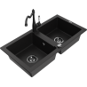 Mexen Mario granite kitchen sink with 2 bowls and Carla kitchen faucet, black - 6504-77-670700-70-B