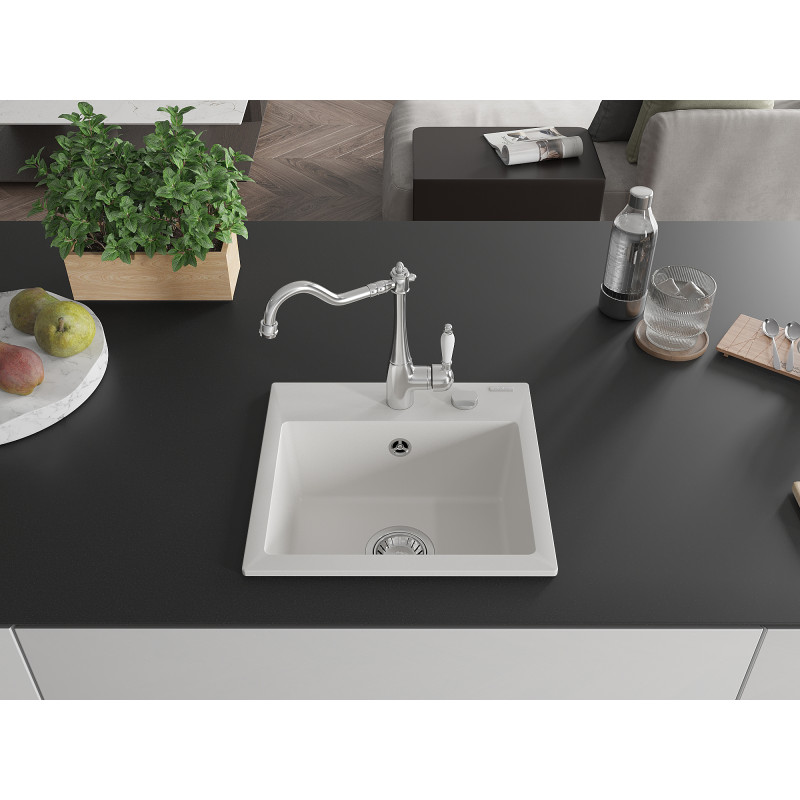 Mexen Milo fregadero de granito de 1 compartimento con grifo de cocina Carla, blanco - 6505-20-670700-00