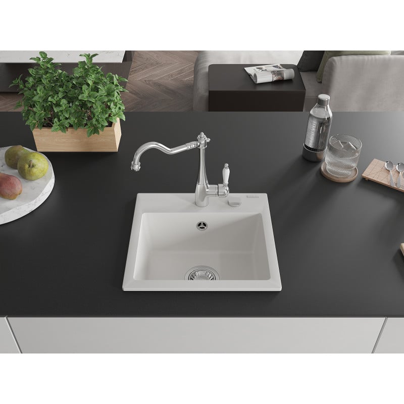 Mexen Milo granite sink 1-bowl with Carla kitchen tap, white - 6505-20-670700-00