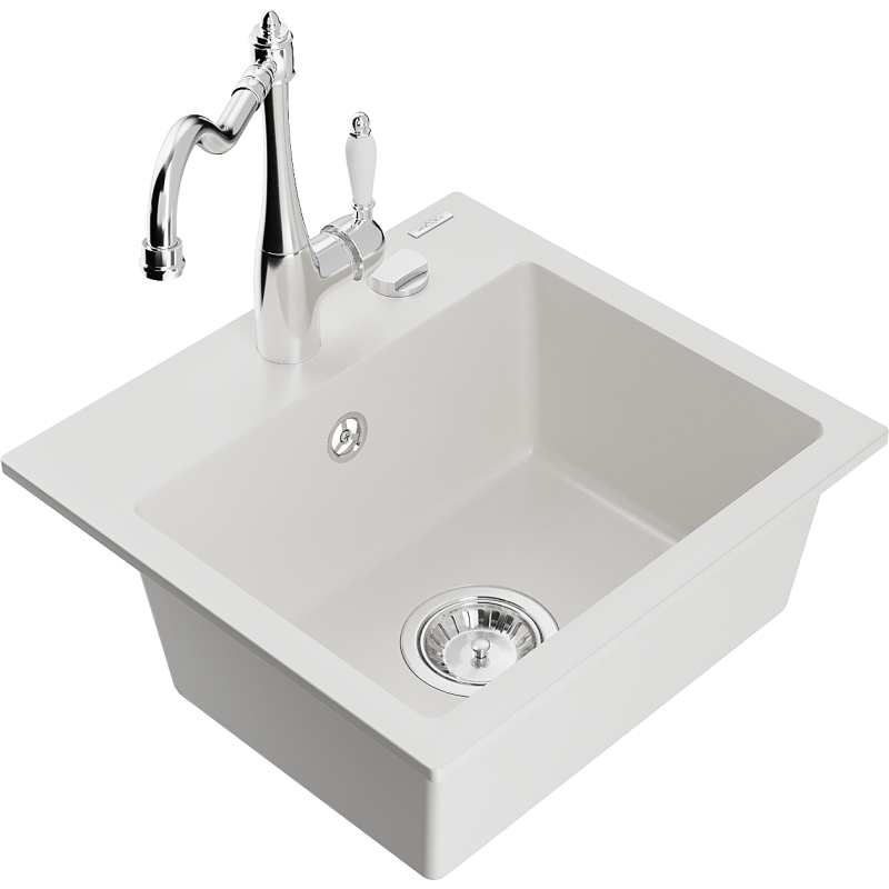 Mexen Milo granite sink 1-bowl with Carla kitchen tap, white - 6505-20-670700-00