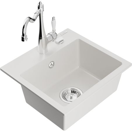 Mexen Milo fregadero de granito de 1 compartimento con grifo de cocina Carla, blanco - 6505-20-670700-00