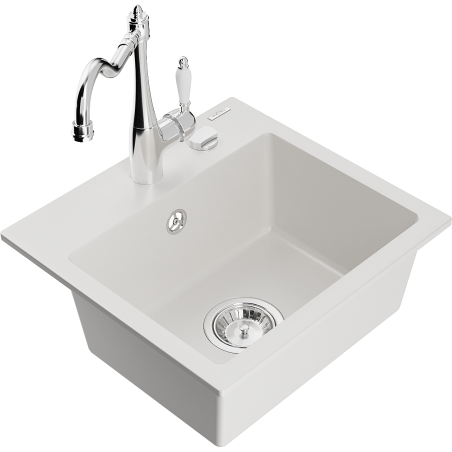 Mexen Milo granite sink 1-bowl with Carla kitchen tap, white - 6505-20-670700-00