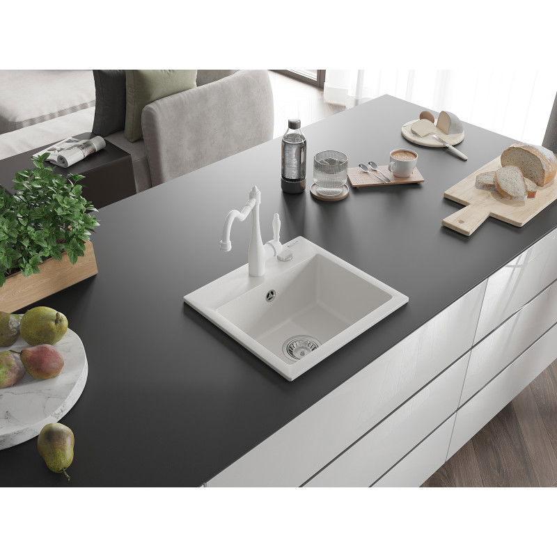 Mexen Milo fregadero de granito de 1 cubeta con grifo de cocina Carla, blanco - 6505-20-670700-20