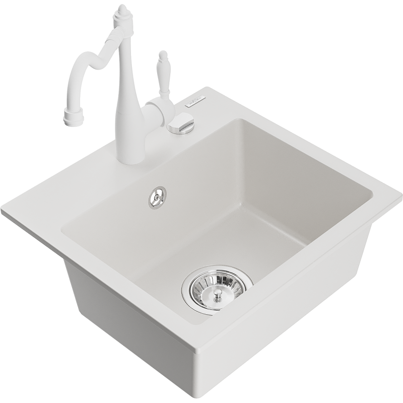Mexen Milo évier en granit 1 bac avec robinet de cuisine Carla, blanc - 6505-20-670700-20