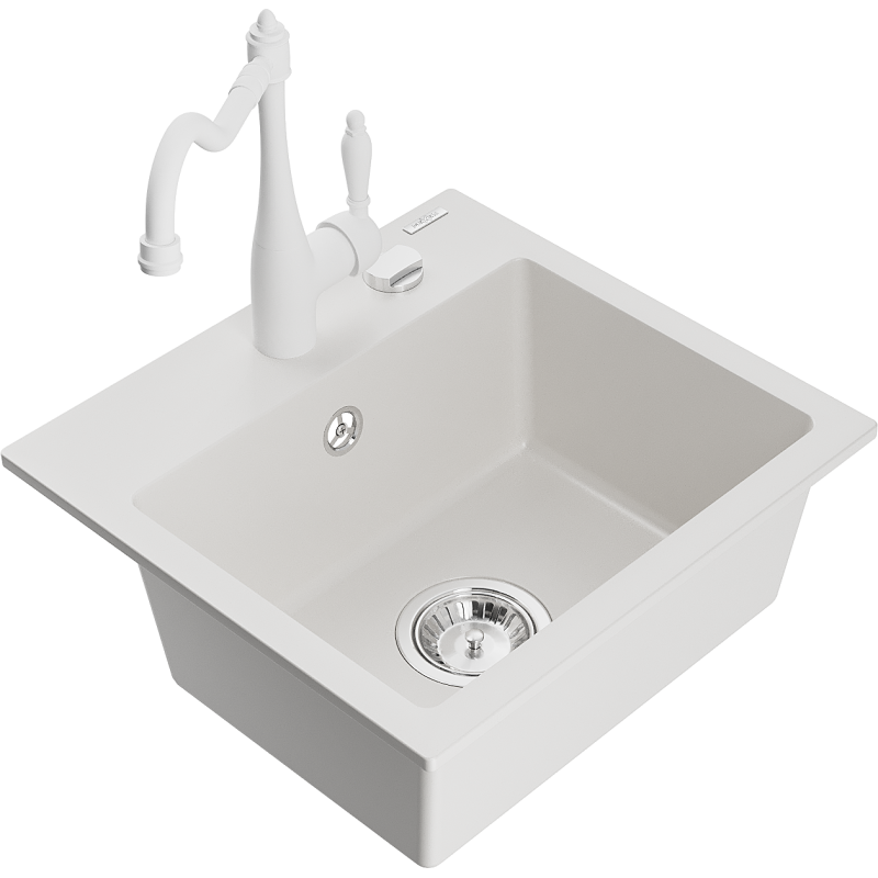 Mexen Milo fregadero de granito de 1 cubeta con grifo de cocina Carla, blanco - 6505-20-670700-20