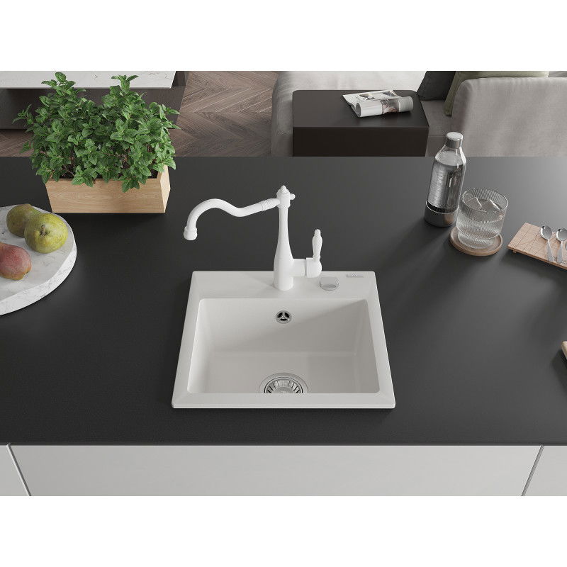Mexen Milo 1-bowl granite sink with Carla kitchen tap, white - 6505-20-670700-20