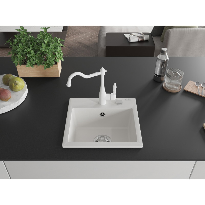 Mexen Milo fregadero de granito de 1 seno con grifo de cocina Carla, blanco - 6505-20-670700-20