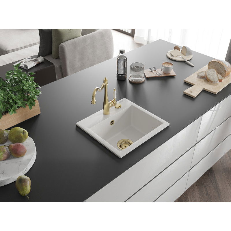 Mexen Milo fregadero de granito de 1 cubeta con grifo de cocina Carla, blanco - 6505-20-670700-50