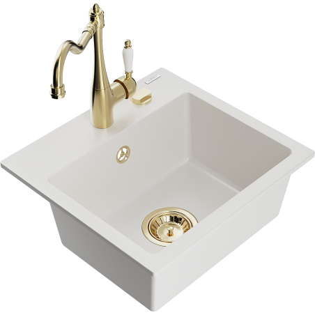 Mexen Milo 1-bowl granite sink with Carla kitchen tap, white - 6505-20-670700-50