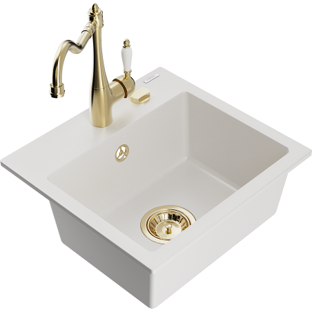 Mexen Milo fregadero de granito de 1 cubeta con grifo de cocina Carla, blanco - 6505-20-670700-50
