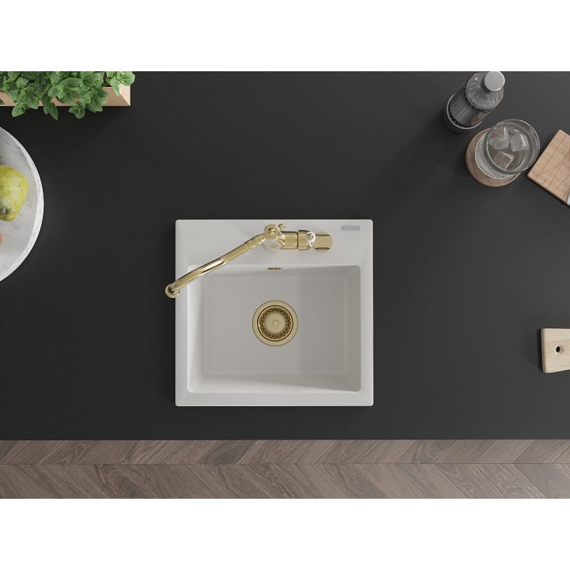 Mexen Milo granitdiskbänk 1-fack med köksblandare Carla, vit - 6505-20-670700-50