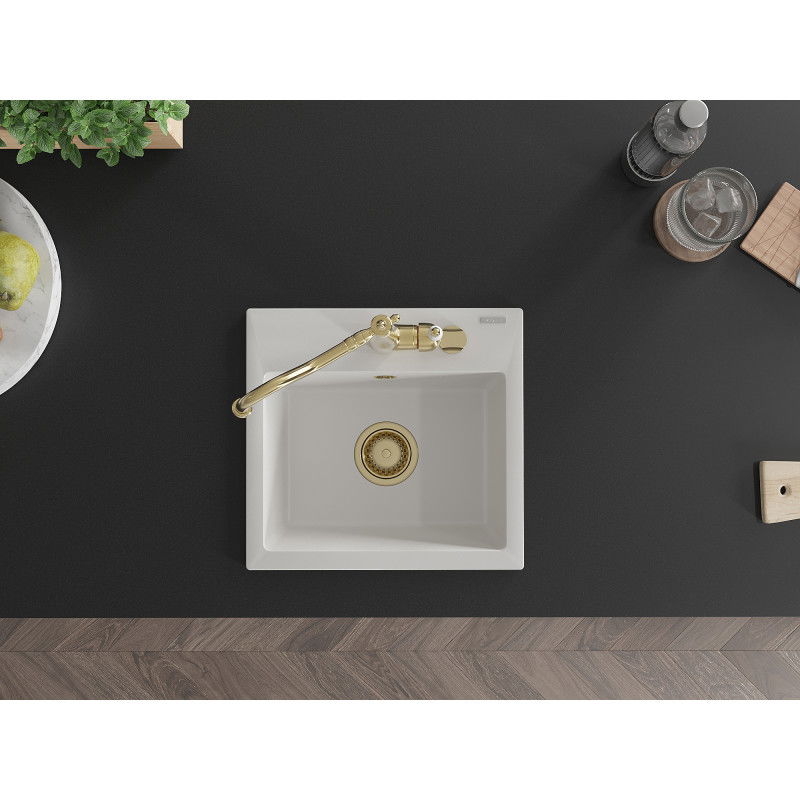 Mexen Milo lava-louça de granito com 1 bacia e torneira de cozinha Carla, branco - 6505-20-670700-50