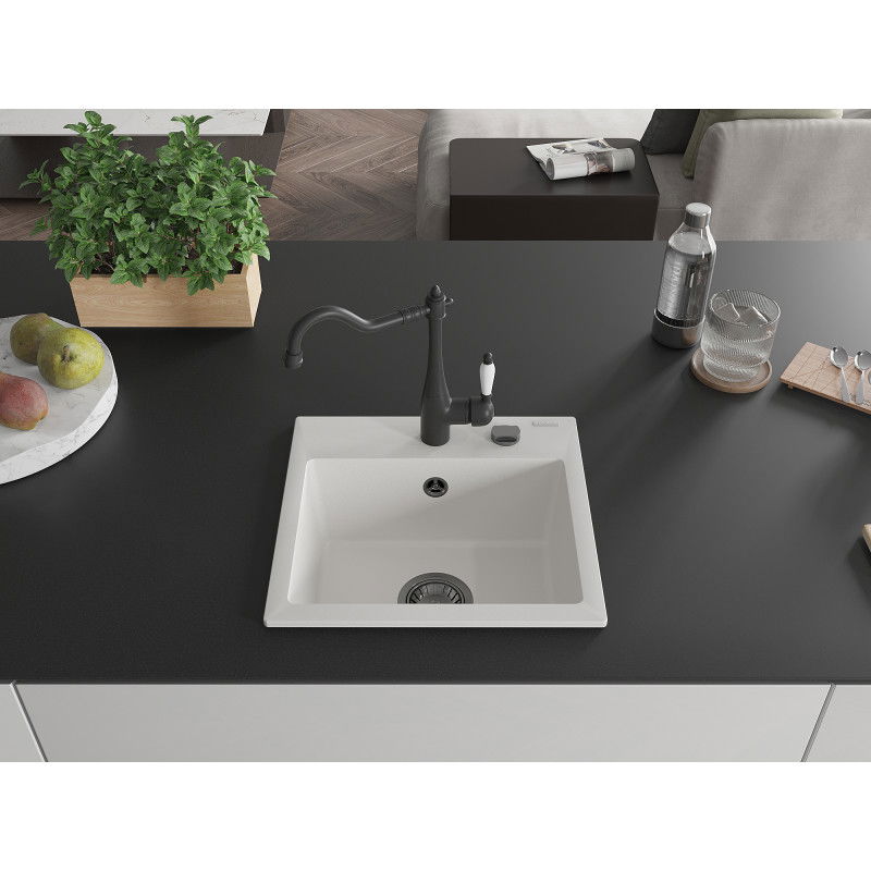 Mexen Milo 1-bowl granite kitchen sink with Carla tap, white - 6505-20-670700-70