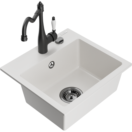 Mexen Milo 1-bowl granite kitchen sink with Carla tap, white - 6505-20-670700-70