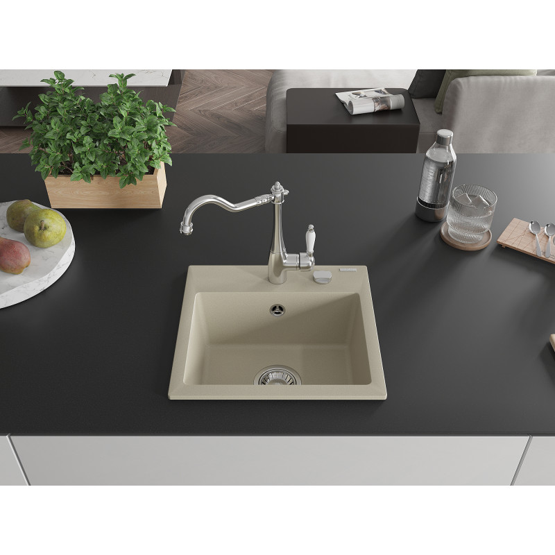 Mexen Milo fregadero de granito de 1 compartimento con grifo de cocina Carla, beige - 6505-69-670700-00