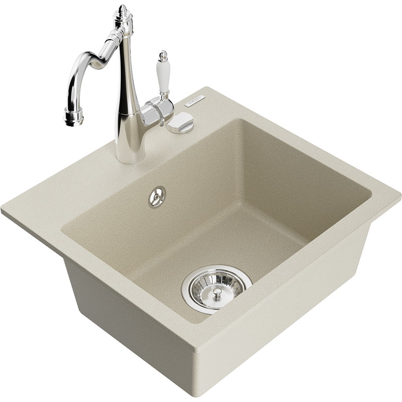 Mexen Milo fregadero de granito de 1 cubeta con grifo de cocina Carla, beige - 6505-69-670700-00