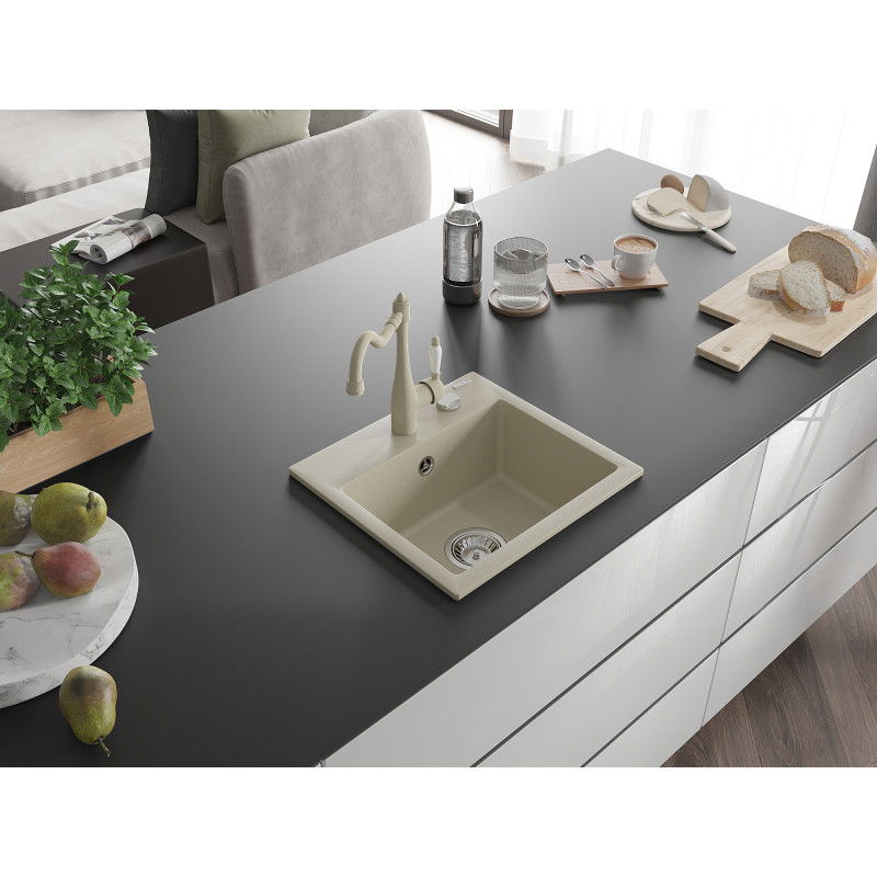 Mexen Milo évier en granit 1-bassin avec robinet de cuisine Carla, beige - 6505-69-670700-69