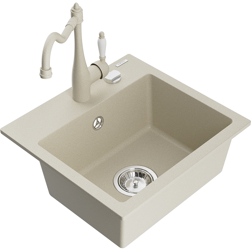 Mexen Milo 1-bowl Granite Sink with Carla Kitchen Tap, Beige - 6505-69-670700-69