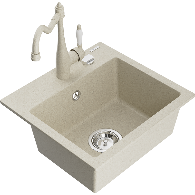 Mexen Milo graniittinen yksialtainen pesuallas keittiöhanalla Carla, beige - 6505-69-670700-69