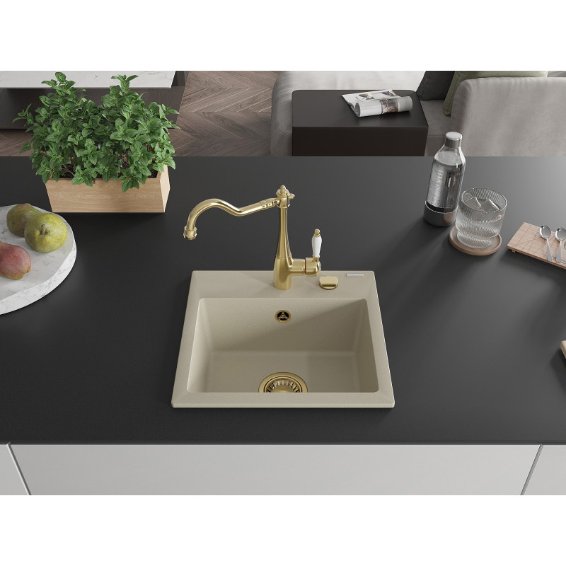 Mexen Milo granitische spoelbak met 1 compartiment en keukenmengkraan Carla, beige - 6505-69-670700-50