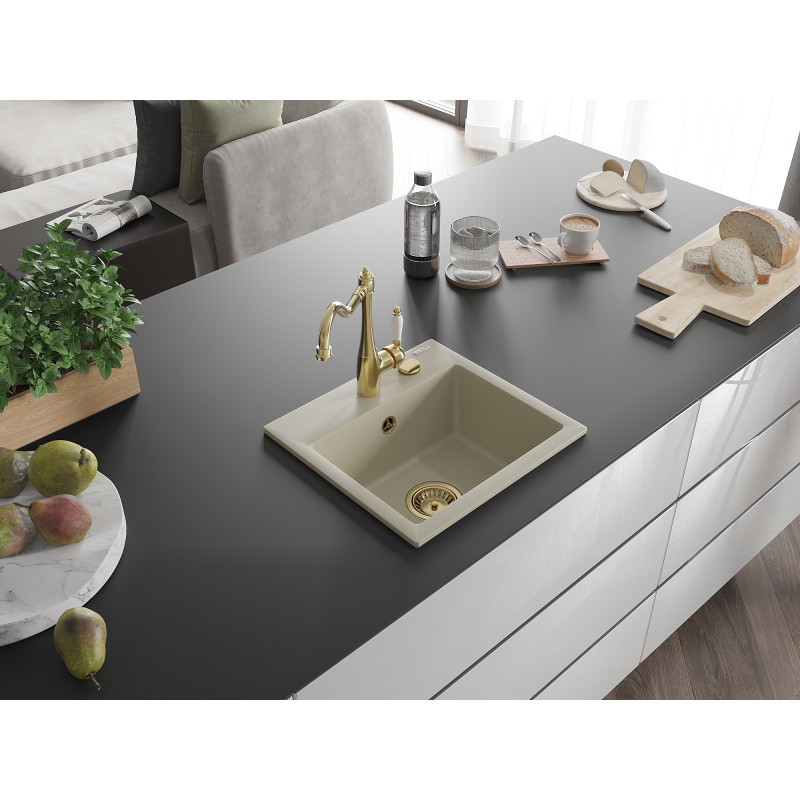 Mexen Milo fregadero de granito de 1 seno con grifo de cocina Carla, beige - 6505-69-670700-50