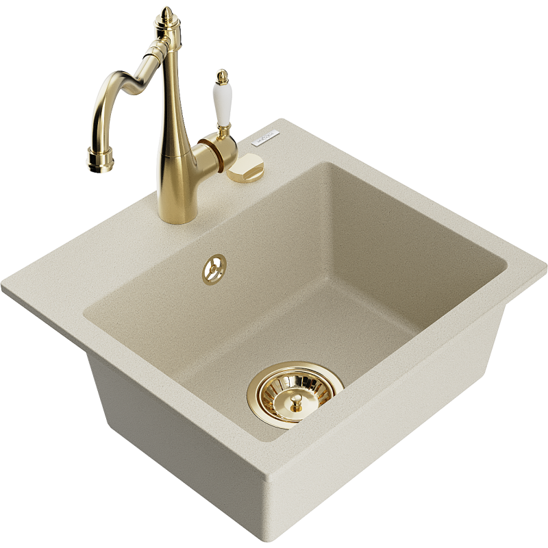 Mexen Milo fregadero de granito de 1 cámara con grifo de cocina Carla, beige - 6505-69-670700-50