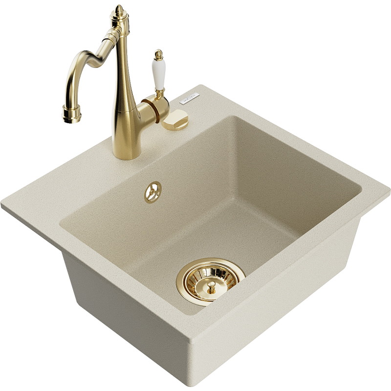 Mexen Milo fregadero de granito de 1 compartimento con grifo de cocina Carla, beige - 6505-69-670700-50