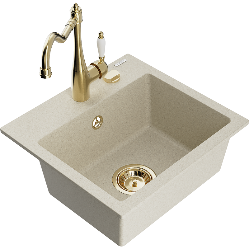 Mexen Milo fregadero de granito de 1 seno con grifo de cocina Carla, beige - 6505-69-670700-50