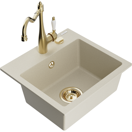 Mexen Milo Évier en granit 1 bac avec robinet de cuisine Carla, beige - 6505-69-670700-50