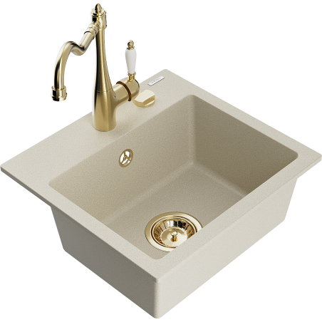 Mexen Milo fregadero de granito de 1 cámara con grifo de cocina Carla, beige - 6505-69-670700-50