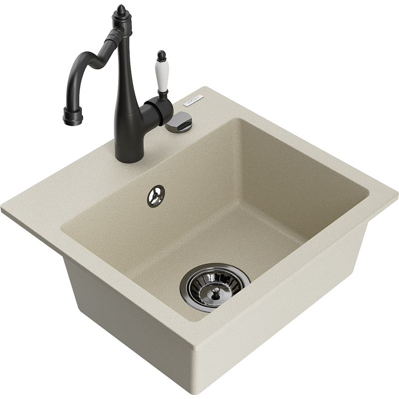 Mexen Milo fregadero de granito de 1 compartimento con grifo de cocina Carla, beige - 6505-69-670700-70