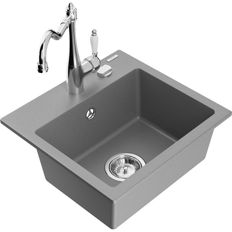 Mexen Milo évier en granit 1 cuve avec robinet de cuisine Carla, gris - 6505-71-670700-00