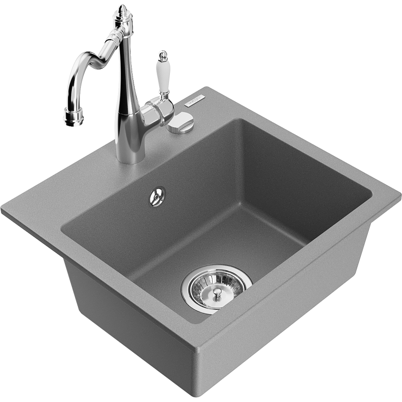 Mexen Milo fregadero de granito con 1 cubeta y grifo de cocina Carla, gris - 6505-71-670700-00