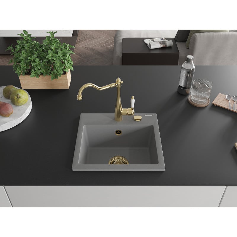 Mexen Milo 1-bowl granite sink with Carla kitchen tap, grey - 6505-71-670700-50