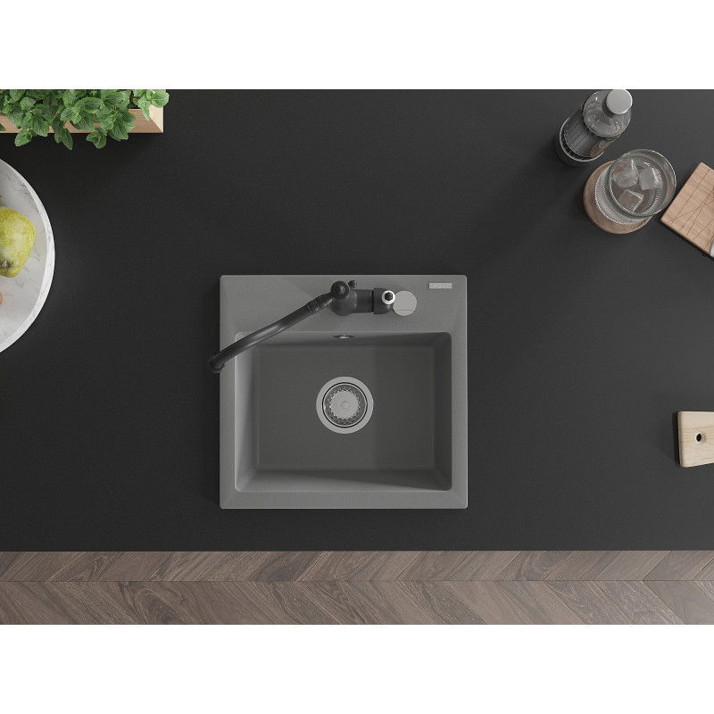 Mexen Milo 1-bowl granite sink with Carla kitchen tap, grey - 6505-71-670700-70