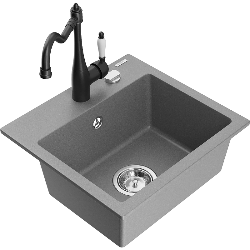 Mexen Milo 1-bowl granite sink with Carla kitchen tap, grey - 6505-71-670700-70