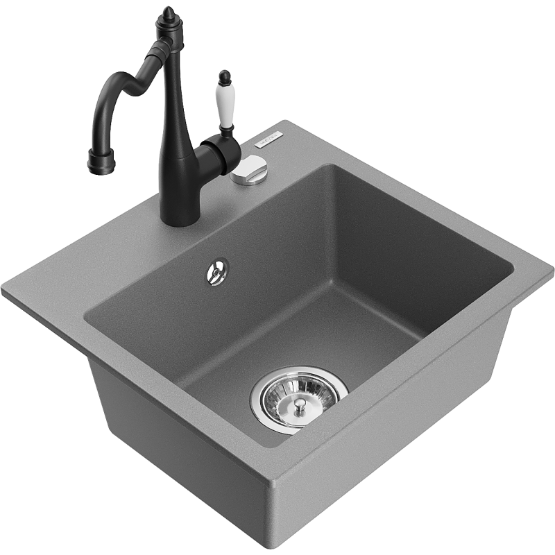 Mexen Milo évier en granit 1 bac avec robinet de cuisine Carla, gris - 6505-71-670700-70